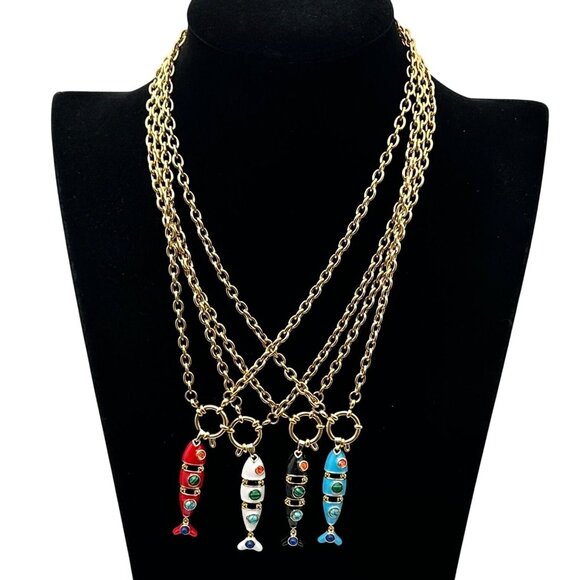 Multi-Gemstone Red Enamel Fish Pendant Necklace 18K Gold Plated Chain 17 Inch - Picture 3 of 9